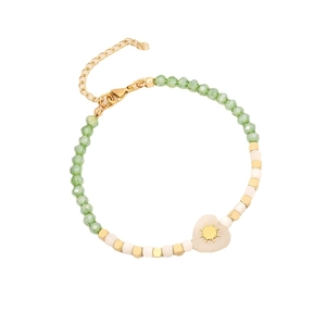 Beaded heart stone bracelet with gold sunburst charm and green faceted crystal beads