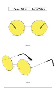 Detail view of round silver metal frame sunglasses with yellow lenses from multiple angles