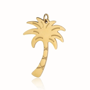Detailed close-up of a golden palm tree pendant made of polished stainless steel