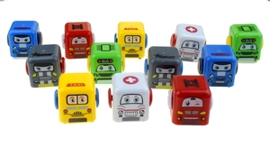 Set of 12 colorful cartoon pull-back cars featuring square bus, taxi and fire truck designs