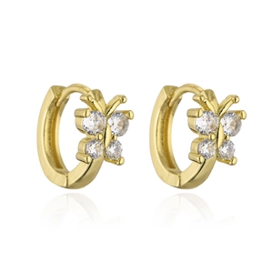 Elegante 18K vergulde vlinder oorbellen met zirkonia steentjes op een witte achtergrond