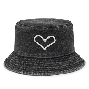 Classic washed denim bucket hat for women with white heart embroidery on front