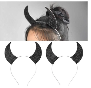Detail view of black sequined devil horn headband for kids' Halloween cosplay costumes