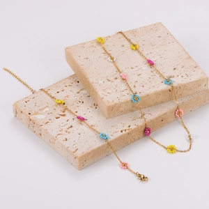 Pastoral Daisy Flower Necklace And Bracelet Jewelry For Women 304 Stainless Steel Gold Plated Colorful Beads Fresh Style