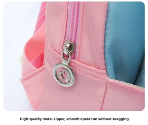 Detail of pink and blue kids backpack showing heart-shaped metal zipper puller