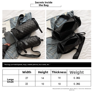 Detailed size chart for large and small quilted nylon cylinder crossbody bags