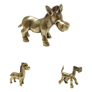 Miniature brass donkey figurines in three poses with vintage brushed metal texture