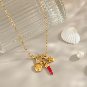 Collana in acciaio inossidabile placcata oro 18K con ciondoli tartaruga, conchiglia e corno