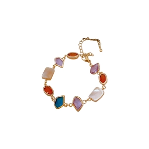 Bracelet vintage à pierres colorées avec chaîne à maillons dorés et style coquillage