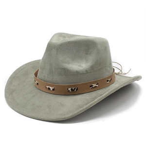 Close-up of sage green faux suede cowboy hat with brown leather leopard print band
