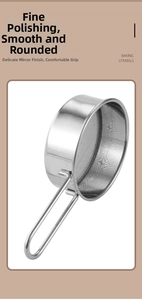 Detail of 304 stainless steel flour sifter with fine mesh and polished handle