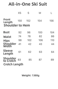 Detailed size chart for hooded quilted ski jumpsuit showing measurements for XS to L sizes