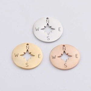 Detailed view of compass pendants in silver, gold, and rose gold stainless steel