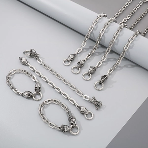 Detailed view of silver stainless steel bracelets featuring skull, snake, and lion heads
