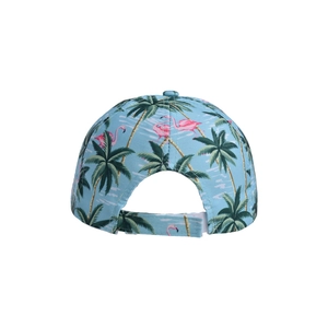 Light blue baseball cap with flamingo and palm tree prints featuring adjustable strap