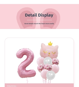 Kit ballon chiffre 2 rose avec chat couronne et ballons en latex à paillettes fille