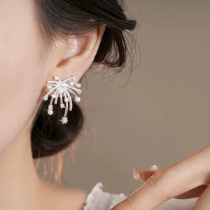 Boucles d'oreilles feu d'artifice en argent avec perles et zircons sur un modèle