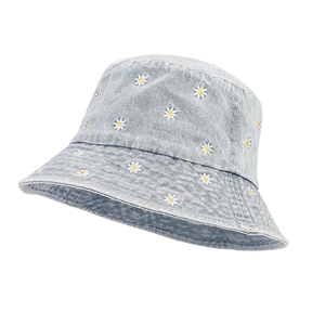 Light blue denim bucket hat with white and yellow daisy flower embroidery for summer