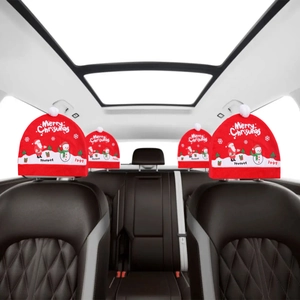 Christmas Car Headrest Covers Santa Hat Style Auto Seat Back Ornament Festive Interior Decoration Cartoon Print Fabric