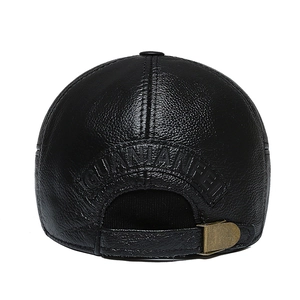 Back view of black cowhide leather baseball cap with pebble texture and metal buckle