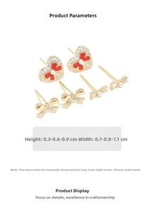 Detailed size chart for bow and heart stud earrings set with pearl and crystal accents