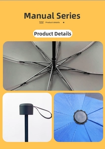 Detail view of manual blue umbrella with reinforced black ribs and safety strap