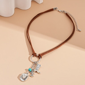 Double-layer suede choker necklace with silver cowboy hat, cactus, and boot pendants