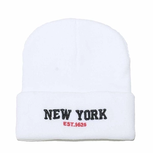 White knit beanie featuring New York embroidery and EST. 1625 text in retro college style