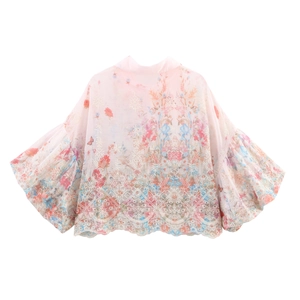 Pink floral chiffon blouse with puff sleeves and sweet embroidery details for women