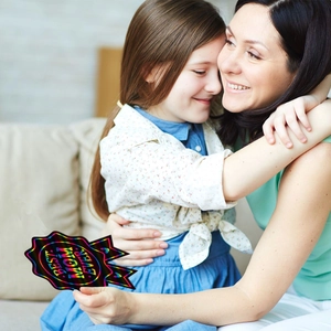 Rainbow scratch art sticker with BEST MOM EVER text shown in a warm mother-daughter embrace