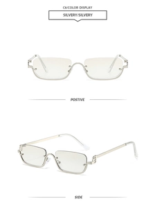 Detail view of silver semi-rimless square sunglasses with metallic frame and nose pads