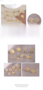 Macro detail of vintage religious stud earrings with Virgin Mary motifs and zircon inlay