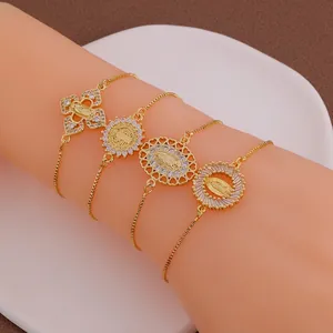 Religious Virgin Mary Charm Bracelet Brass 18K Gold Plated Micro Set White Zircon Adjustable Slider Box Chain Jewelry