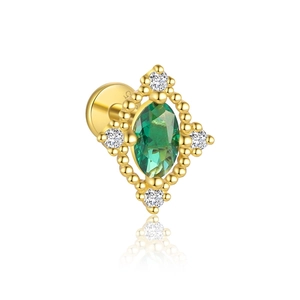 Macro view of S925 sterling silver emerald zircon stud earring with vintage gold finish