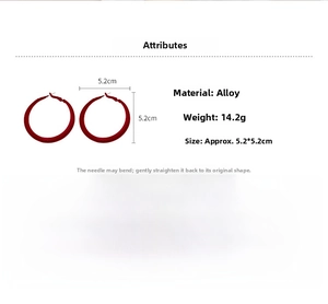 Detail view of large red flocked hoop earrings showing dimensions of 5.2cm and silver needle