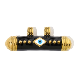Detailed close-up of a black enamel cylinder pendant with golden accents and evil eye motif