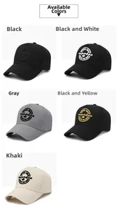 Detailed view of 5-panel cotton baseball caps in black, grey, khaki and contrast colors