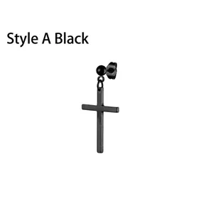 Detail of Style A black stainless steel cross earring with bead stud and long pendant