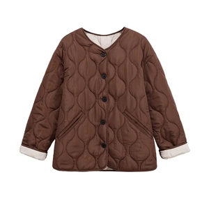 Women brown quilted long sleeve cotton jacket with white lining and snap closure