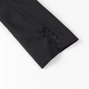 Close-up of four black round buttons on the sleeve cuff of a tailored blazer jacket