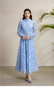 Detail of light blue lace dress featuring stand collar and waist belt with metal buckle