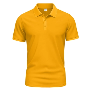 Close-up of breathable 100% polyester mesh fabric and collar on a yellow polo shirt