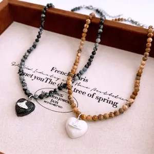 Vintage Natural Stone Beaded Necklace With Alloy Heart Planet Pendant Aesthetic Jewelry For Women Handmade