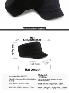 Detailed size chart for cotton military flat top hat showing circumference and brim dimensions