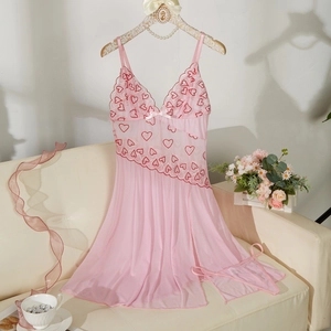Nuisette En Maille À Broderie Cœur Rose Et String Sexy Col En V Nœud Bordure En Dentelle Vêtements De Nuit