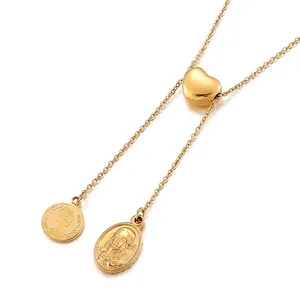 Stainless Steel Lariat Necklace With Heart Slide Double Pendants Portrait Coin Religious Medal Long Chain For Women