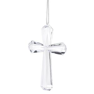 Clear acrylic cross ornament with multifaceted geometric design and silver chain hanger