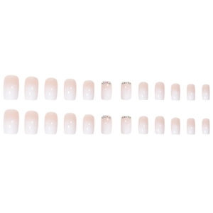 White gradient square press-on nails with small rhinestones 24pcs set in nude pink