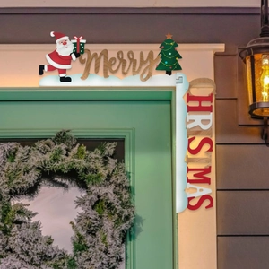 Wooden Merry Christmas door corner decor with Santa Claus and tree for festive door frames