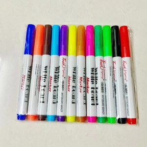 Close-up of 12-piece colorful floating whiteboard markers set in transparent packaging